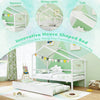Kids twin size house bed in white with trundle, featuring a roof and creative decoration options for imaginative play.