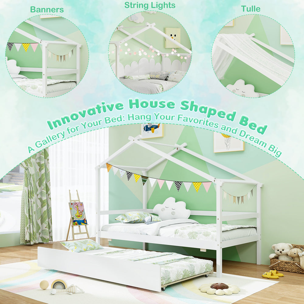 Kids twin size house bed in white with trundle, featuring a roof and creative decoration options for imaginative play.