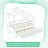 Kids twin size house bed with trundle in white, featuring a solid wood frame and dimensions for optimal space-saving.