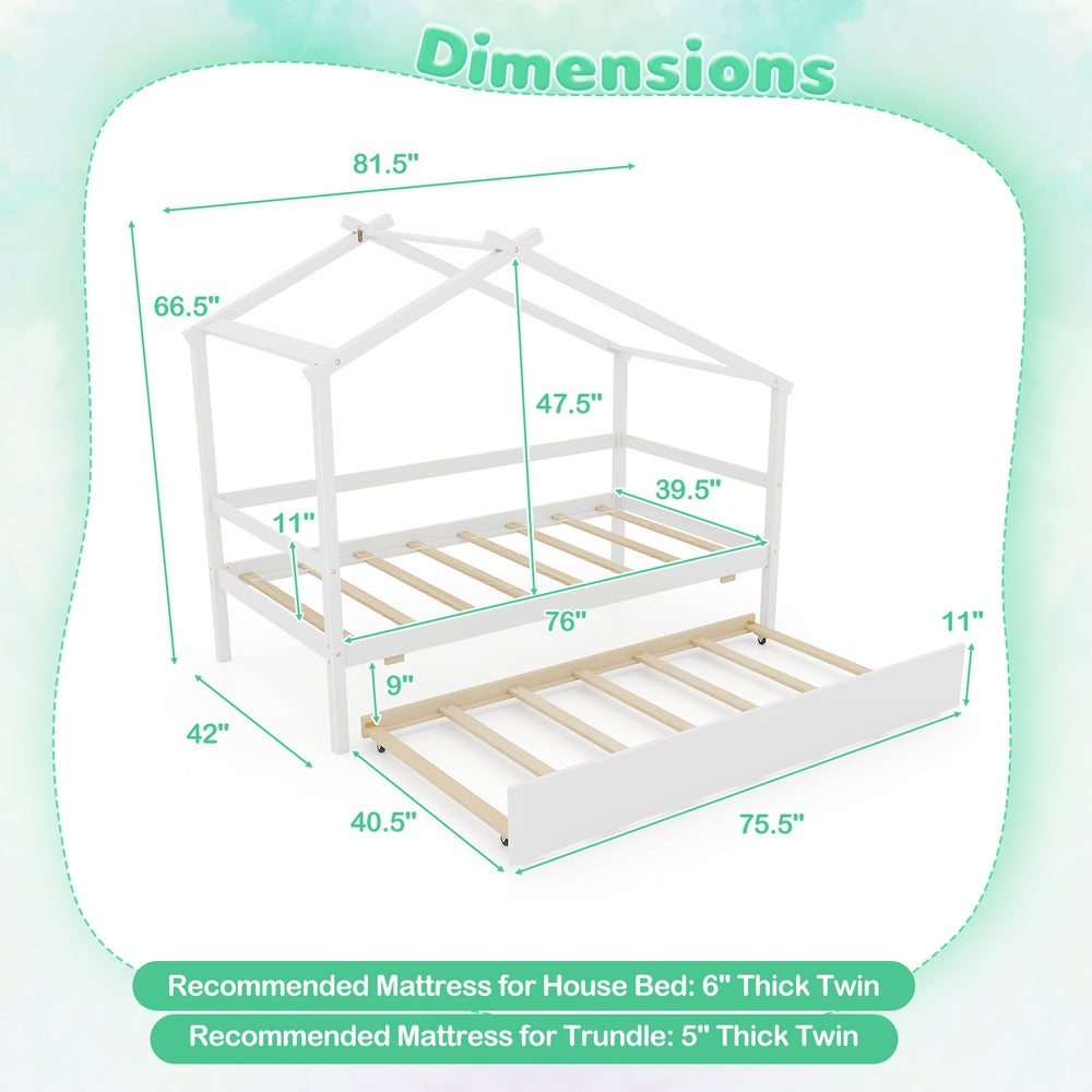 Kids twin size house bed with trundle in white, featuring a solid wood frame and dimensions for optimal space-saving.