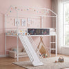 Kids twin size loft bed in white with ladder and slide, featuring a house design and chalkboard for creative play.