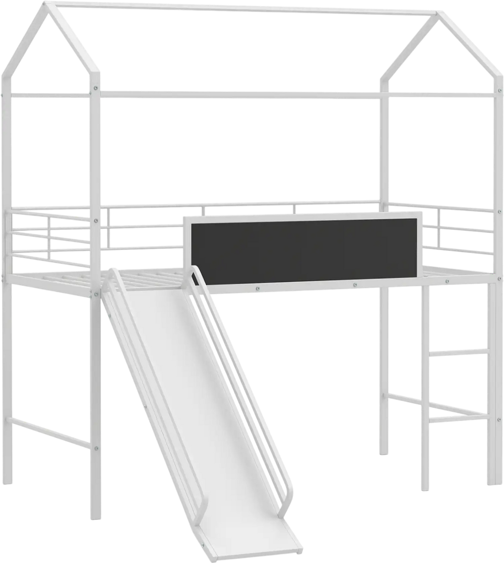 Kids twin size loft bed in white with ladder and slide, featuring a house-shaped design and chalkboard for creative.