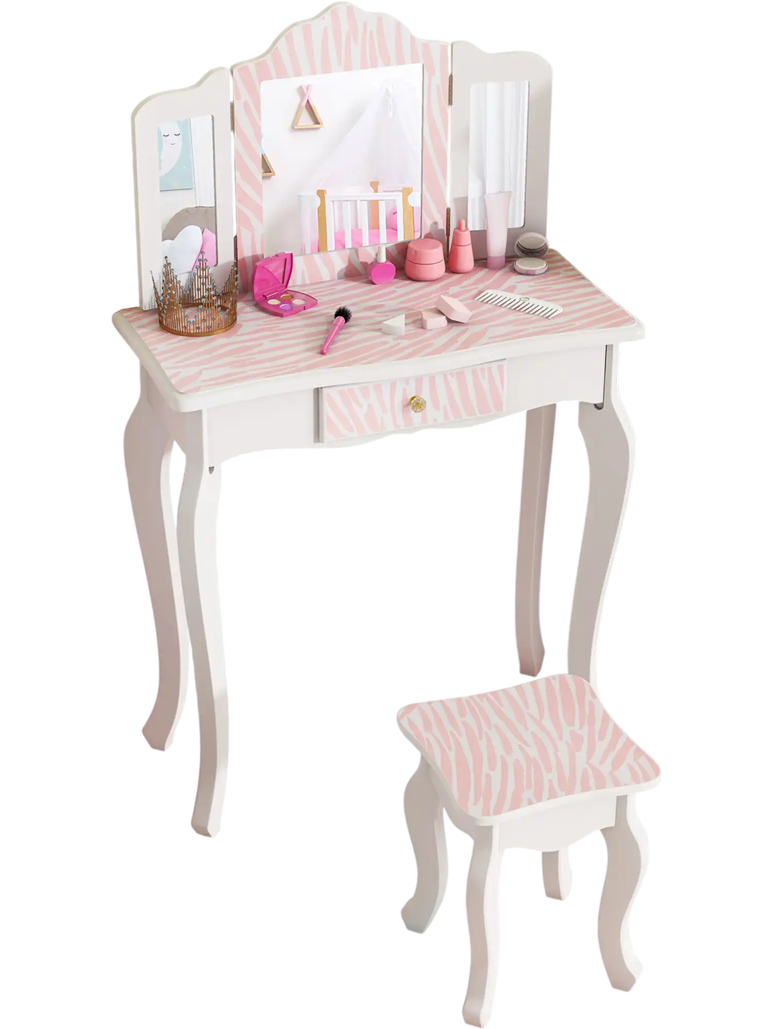 Costway Kids Vanity Set w/ Drawer Mirror Stool Pink 27598461 New