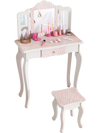 Kids vanity set in pink with tri-fold mirror, storage drawer, and makeup accessories for organized playtime.