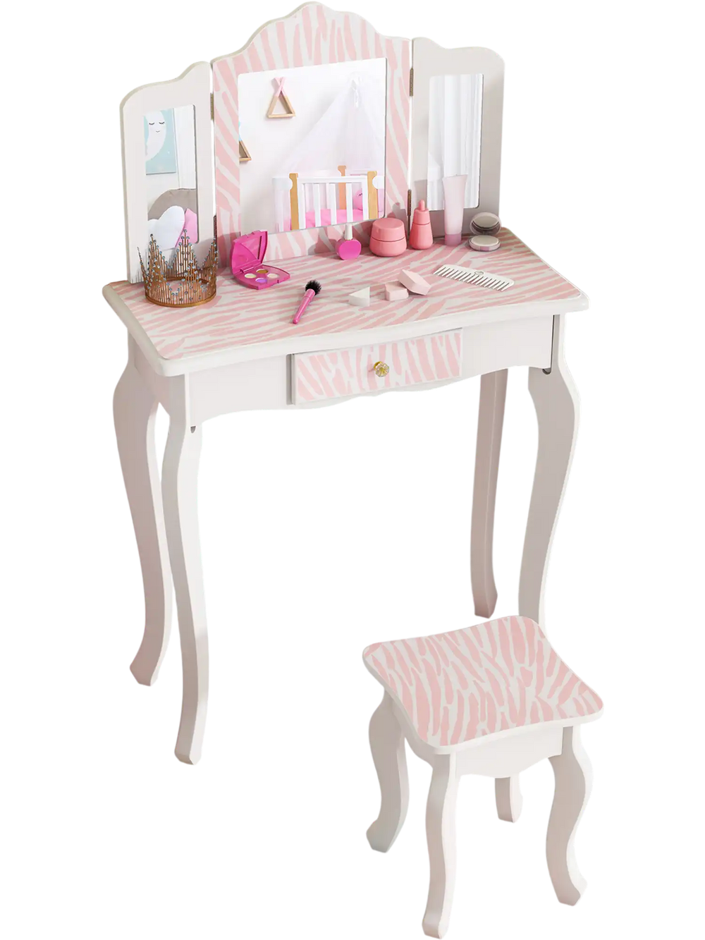 Kids vanity set in pink with tri-fold mirror, storage drawer, and makeup accessories for organized playtime.