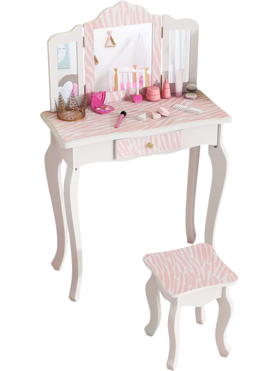 Costway Kids Vanity Set w/ Drawer Mirror Stool Pink 27598461 New