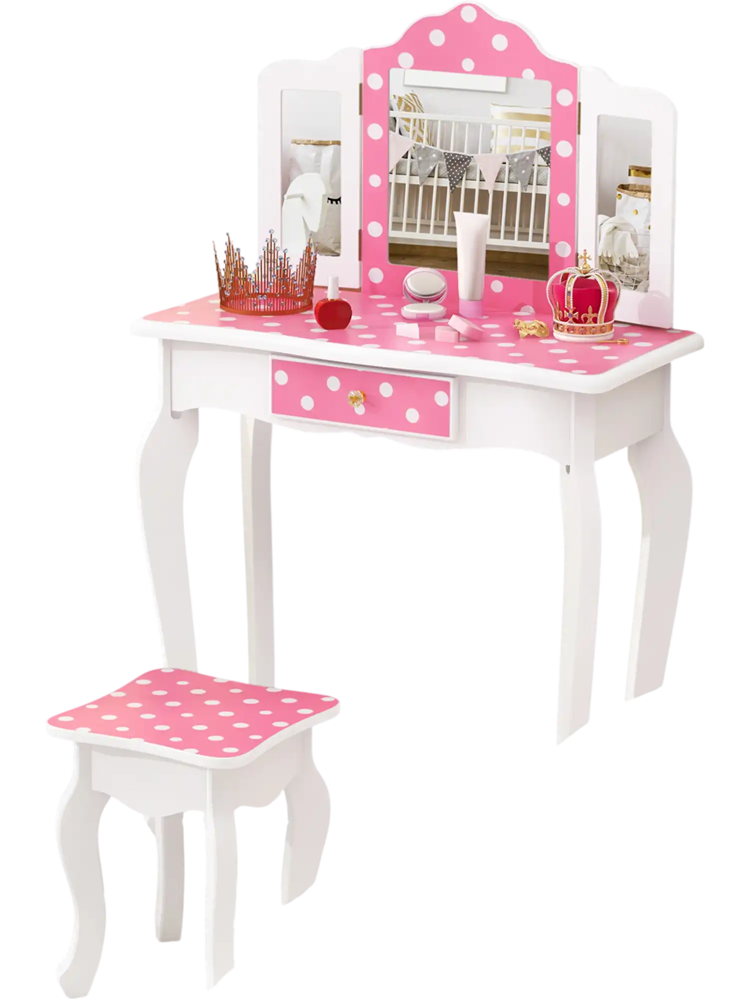 Costway Princess Kids Makeup Dressing Table Pink Polka Dot Vanity 42518367 New