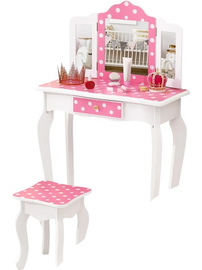 Costway Princess Kids Makeup Dressing Table Pink Polka Dot Vanity 42518367 New