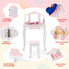 Kids vanity set in pink with tri-folding mirror, large storage drawer, and easy-to-clean surface for organized playtime.