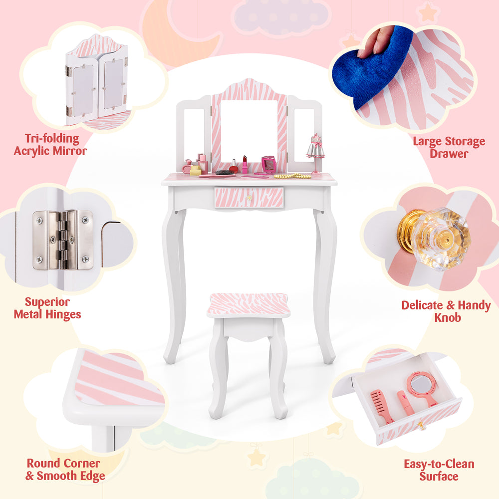 Kids vanity set in pink with tri-folding mirror, large storage drawer, and easy-to-clean surface for organized playtime.