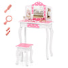 Princess pretend play makeup dressing table in pink with polka dot print, tri-folding mirror, and ample storage for.