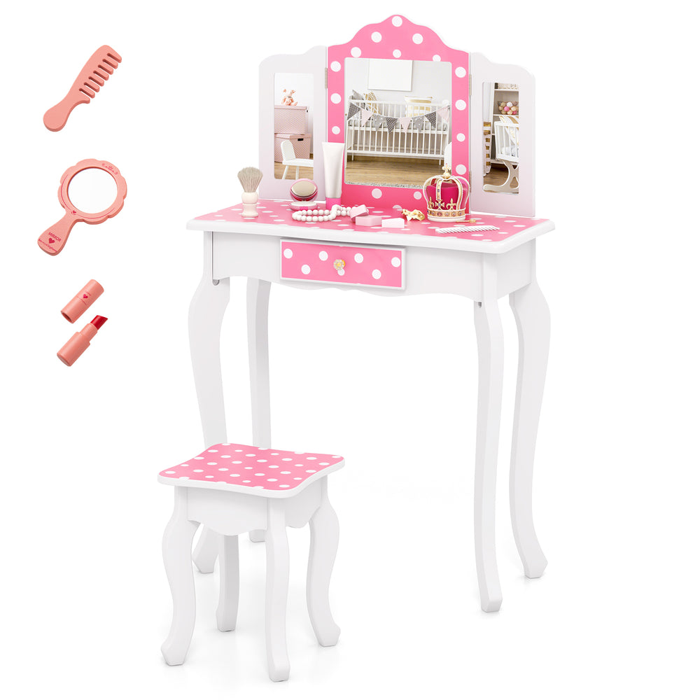 Princess pretend play makeup dressing table in pink with polka dot print, tri-folding mirror, and ample storage for.