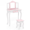 Kids vanity set in pink with tri-folding mirror, storage drawer, and detachable design for safe and organized play.