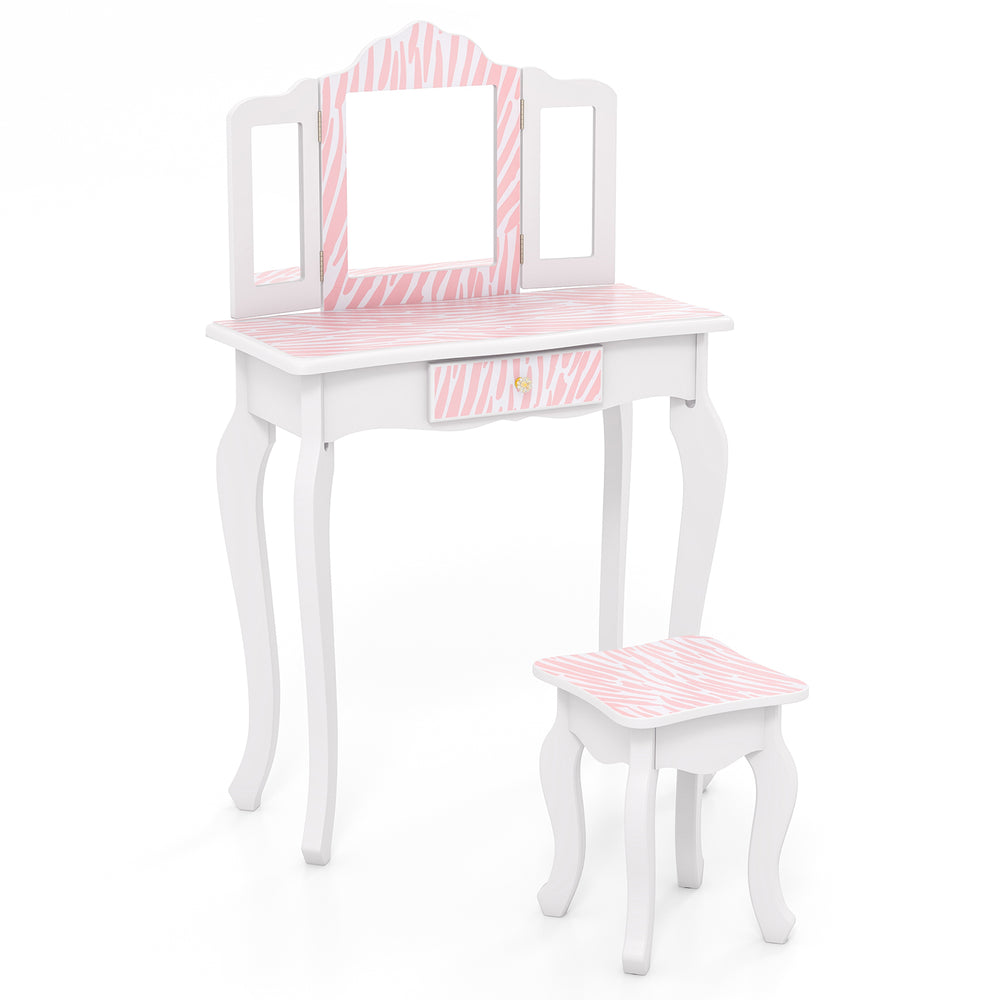 Kids vanity set in pink with tri-folding mirror, storage drawer, and detachable design for safe and organized play.