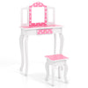 Pink polka dot pretend play makeup dressing table with tri-folding mirror and storage drawer for kids' items.