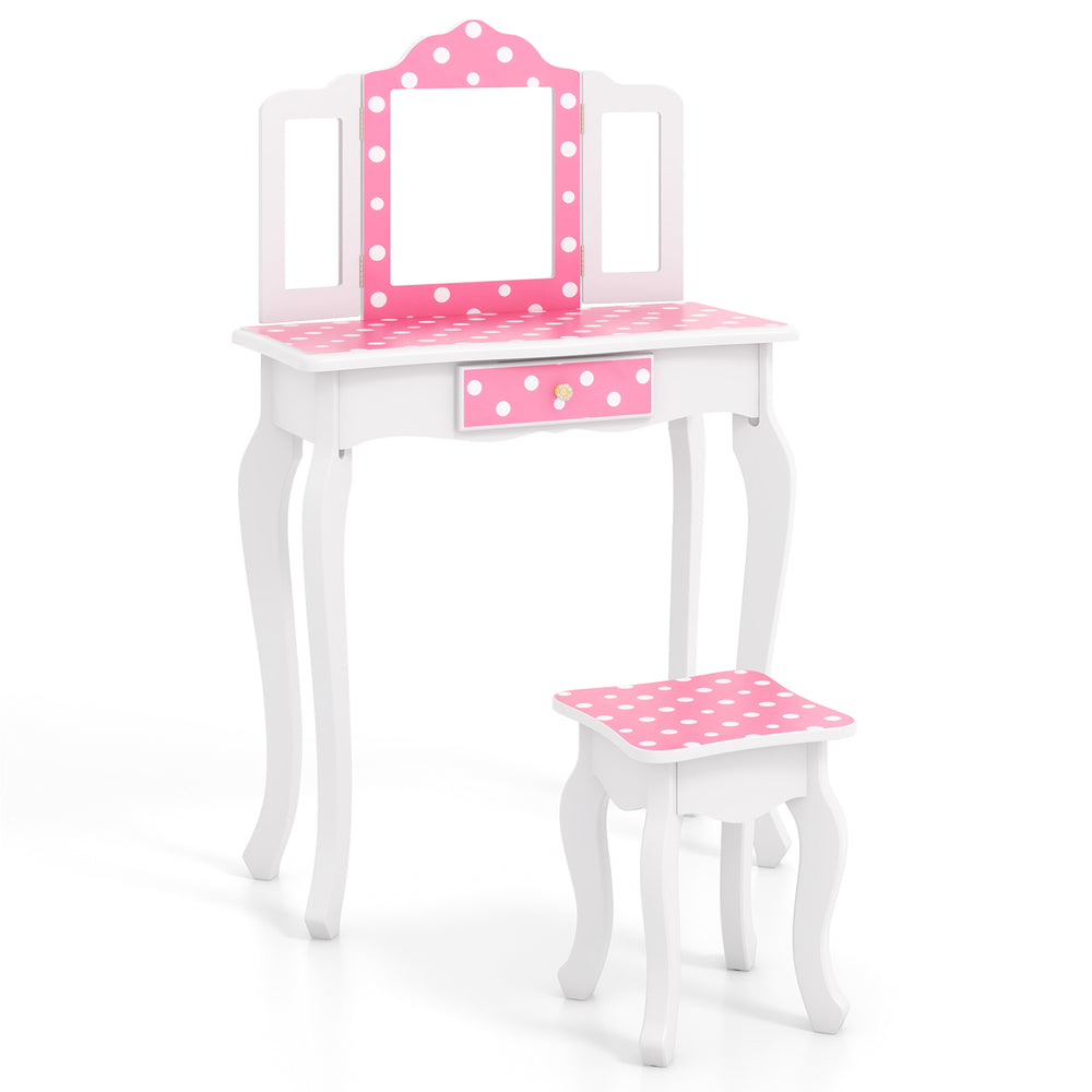 Pink polka dot pretend play makeup dressing table with tri-folding mirror and storage drawer for kids' items.