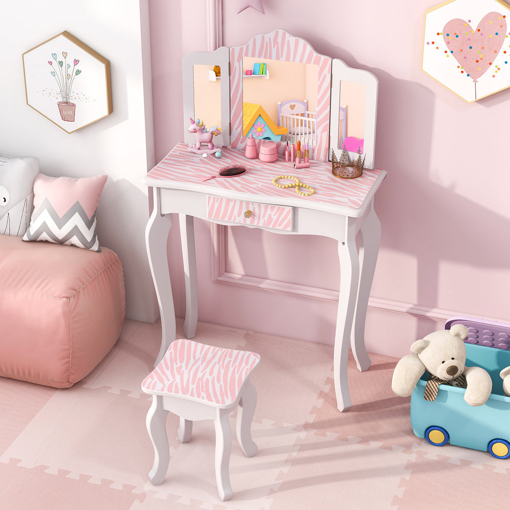 Kids vanity set in pink with a close-up view of the tri-folding mirror and decorative accessories for imaginative play.