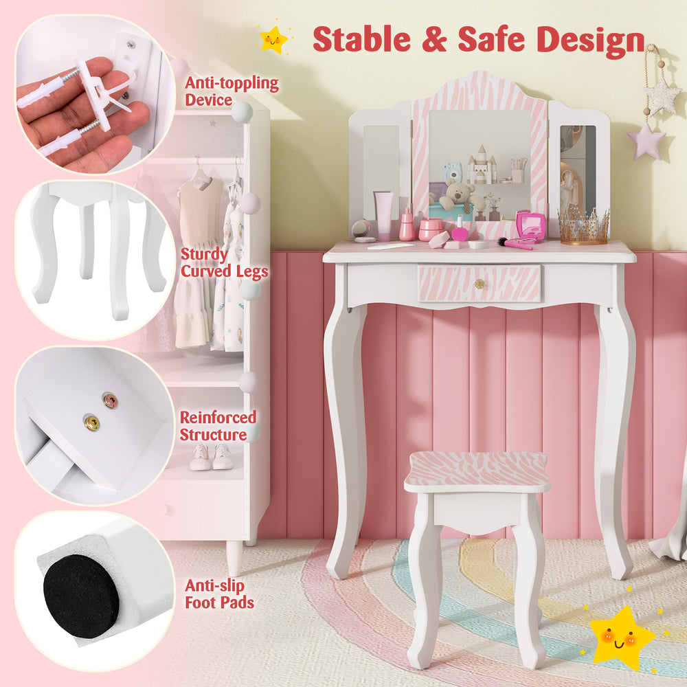 Kids vanity set in pink with tri-fold mirror, sturdy legs, and large storage drawer for organized playtime.