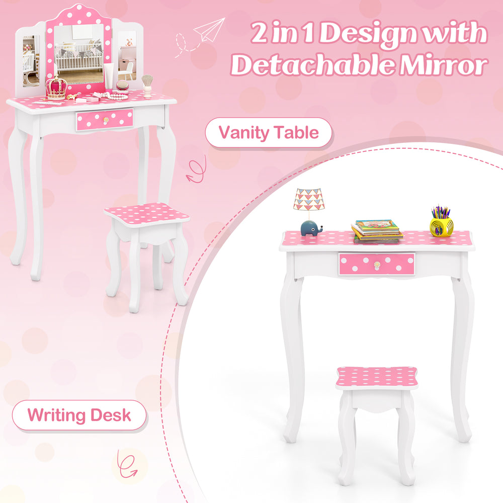 Princess pretend play makeup dressing table in pink with polka dot print, featuring a detachable mirror and ample.
