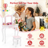 Kids vanity set in pink with tri-folding mirror, sturdy wooden construction, and large storage drawer for organized.