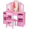 Kids vanity table and chair set in pink with removable mirrors and four storage bins, perfect for playrooms or bedrooms.