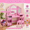 Kids vanity table set in pink with 4 storage bins, removable mirrors, and ergonomic chair for organized playtime.