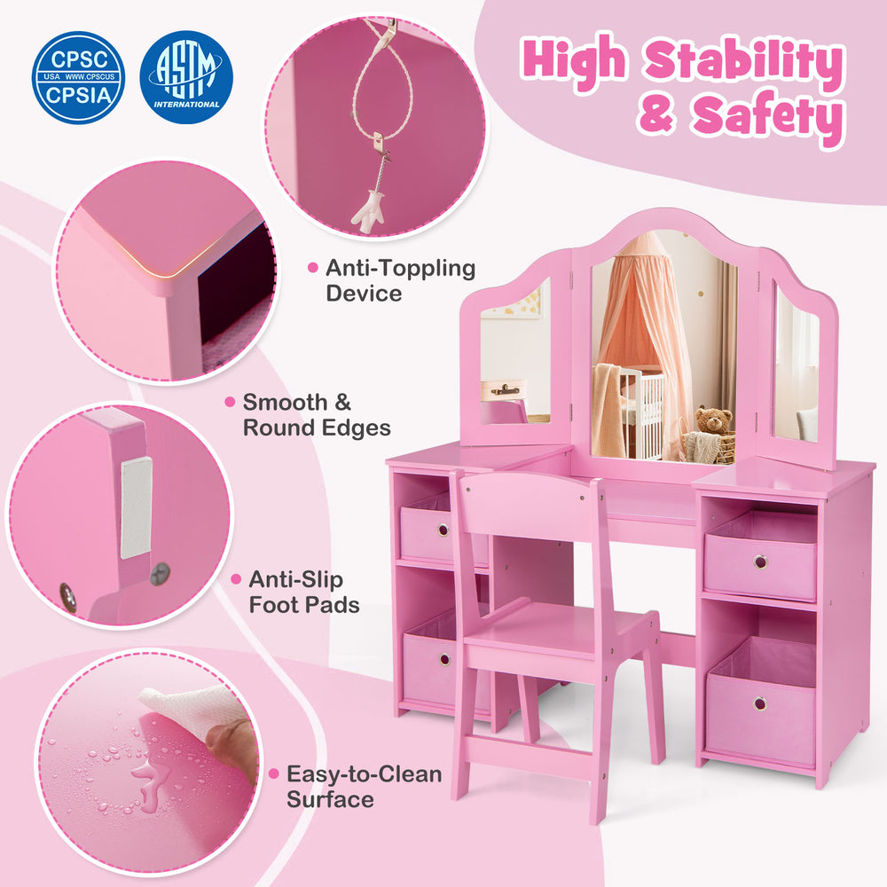 Kids vanity table and chair set in pink with removable mirrors, storage bins, and anti-toppling device for safety.