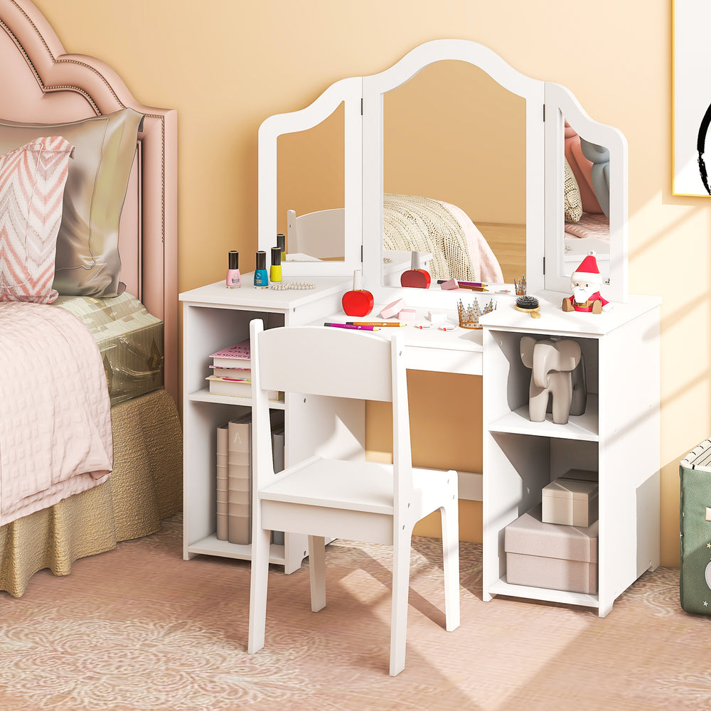 Kids vanity table in white with detachable tri-fold mirror, featuring 180° spinning side mirrors and spacious storage.