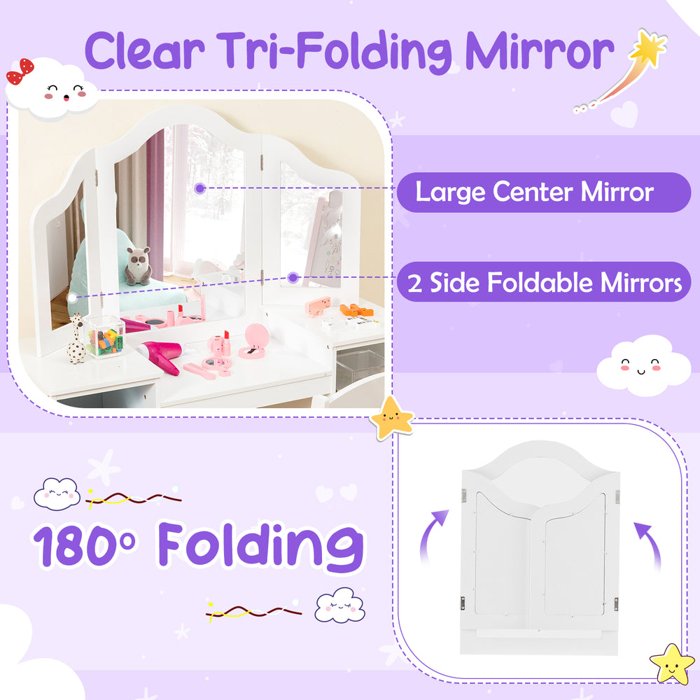 Kids vanity table set featuring a removable tri-folding mirror, ample storage, and ergonomic chair for comfort.