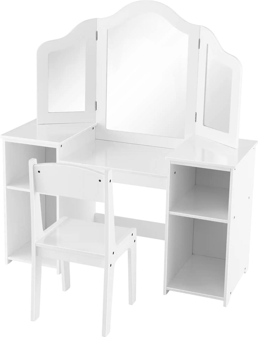 Kids vanity table and chair set in white with removable tri-fold mirror and ample storage for dressing or writing.