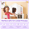 Kids vanity table and chair set in white with tri-folding mirror, offering ample storage and ergonomic comfort for ages.