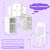 Kids vanity table and chair set dimensions with removable tri-folding mirror, designed for ages 3+, in white finish.