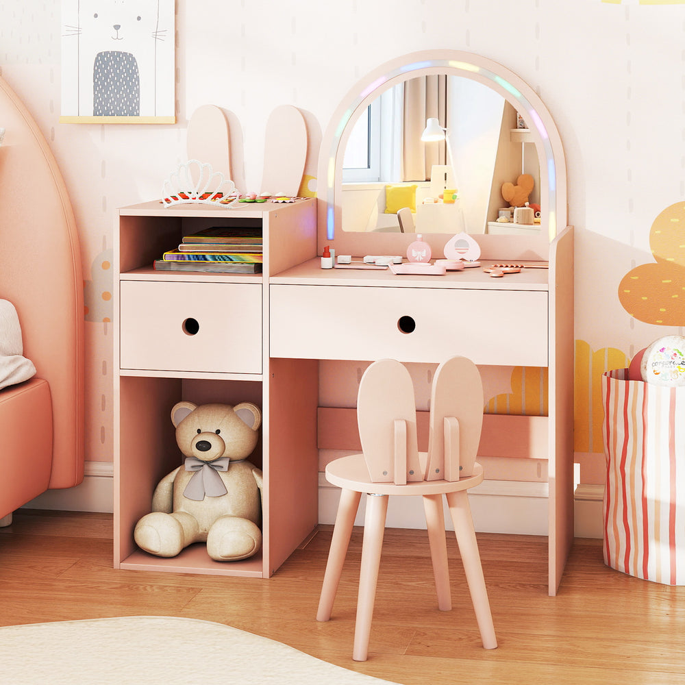 Kids Vanity Desk and Chair Set with Lights, Open Shelves-Pink - Gallery View 1 of 12