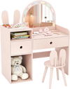 Kids vanity desk and chair set in pink with colorful lights, storage drawers, and open shelves for dressing up and.