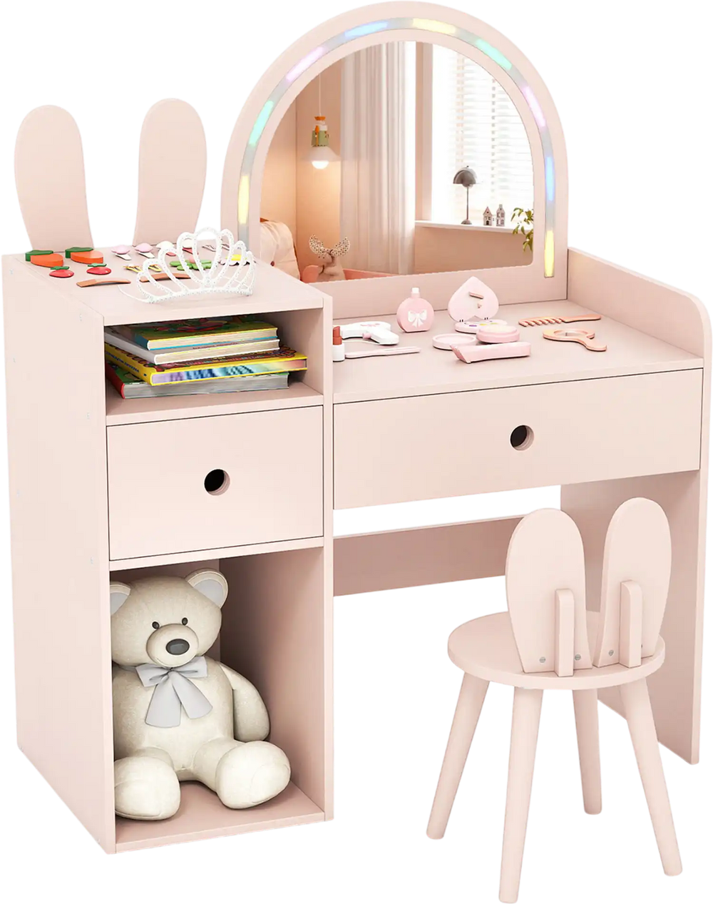 Kids vanity desk and chair set in pink with colorful lights, storage drawers, and open shelves for dressing up and.