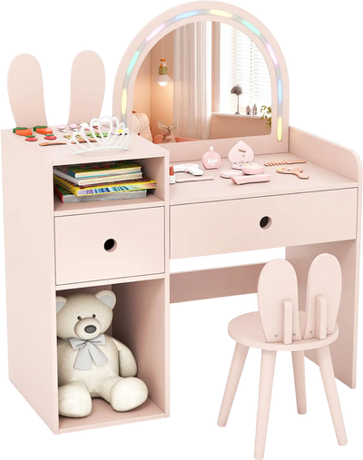 Costway Kids Vanity Desk & Chair Set w/ Lights Open Shelves 56376556 New