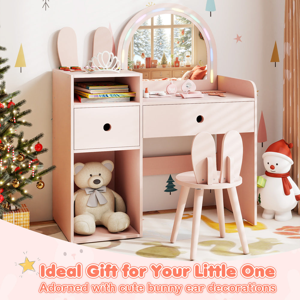 Kids vanity desk and chair set in pink with lights, open shelves, and rounded edges, perfect for dressing up and.