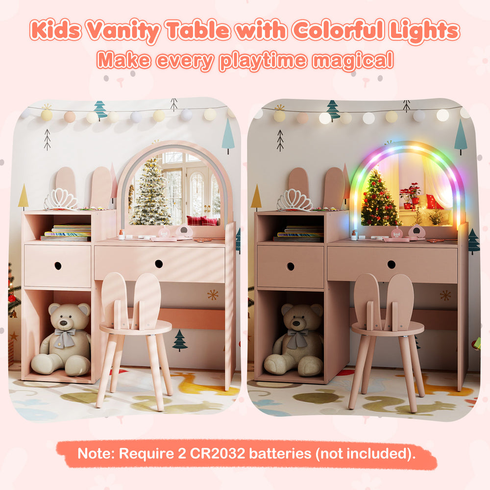 Kids vanity desk and chair set in pink with colorful lights, large storage, and shatterproof mirror for safe play.