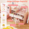 Kids vanity desk set in pink with lights, large storage drawers, and open shelves for dressing up and studying.