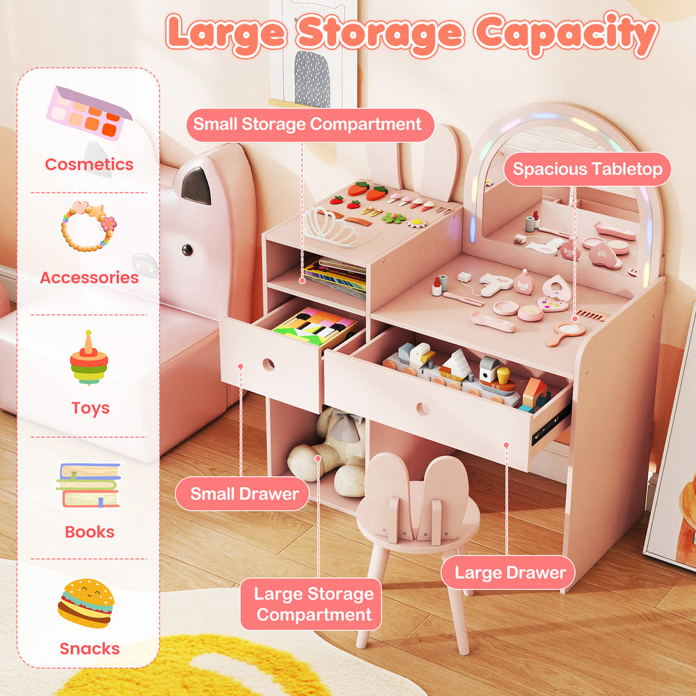 Kids vanity desk set in pink with lights, large storage drawers, and open shelves for dressing up and studying.