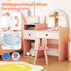 Kids vanity desk and chair set in pink with shatterproof acrylic mirror and colorful lights, perfect for dressing up.