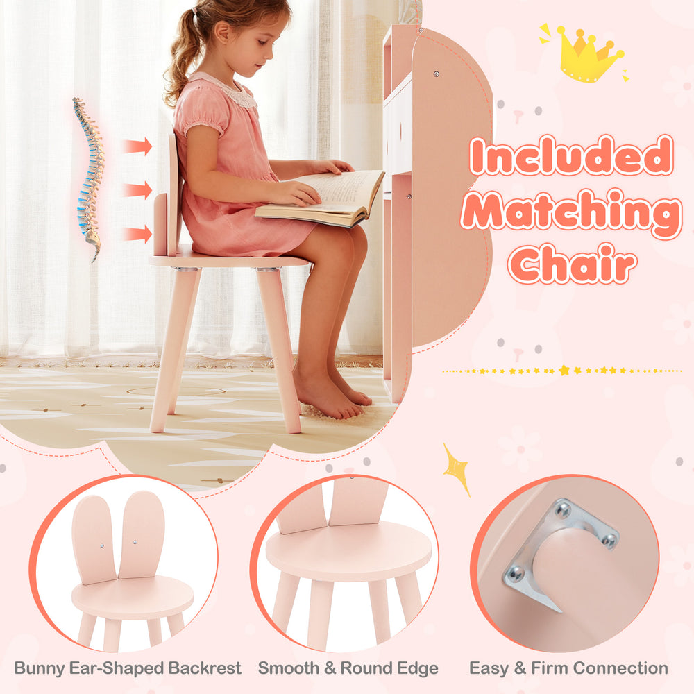Kids vanity chair with bunny ear-shaped backrest, pink finish, designed for safety and comfort during play and study.