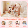Kids vanity desk and chair set in pink with lights, featuring storage shelves and a shatterproof mirror for safe play.