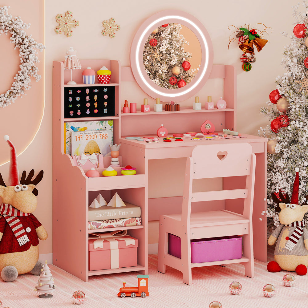 Kids Vanity Desk with Mirror and Lights Princess Pretend Play Dressing Table and Chair Set-Pink - Gallery View 1 of 10