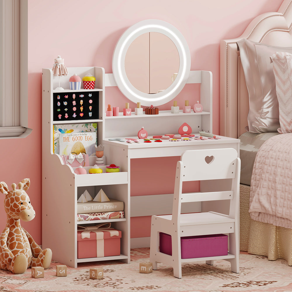 Kids Vanity Desk with Mirror and Lights Princess Pretend Play Dressing Table and Chair Set-White - Gallery View 1 of 11