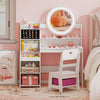 Kids vanity desk with lighted mirror, white finish, and storage shelves, perfect for pretend play and dressing up.