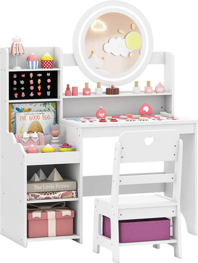 Costway Kids Vanity Desk Mirror Lights Chair Set Princess Pretend Play 35271458 New