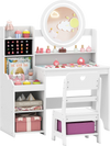 Kids vanity desk set in white with lighted mirror, storage shelves, and chair for pretend play and organization.