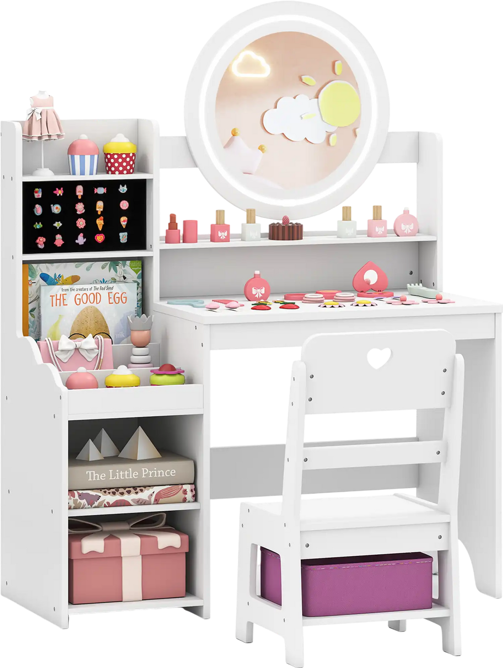 Kids vanity desk set in white with lighted mirror, storage shelves, and chair for pretend play and organization.