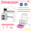 Kids vanity desk set in white with lighted mirror, storage shelves, and chair, ideal for pretend play and organization.
